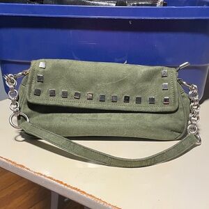 Olive Green Suede Stud-Trim Women's Shoulder Bag